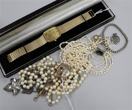 A Rotary gilt metal quartz wristwatch with date aperture, a Titus bulls-eye fob watch, sundry costume jewellery, etc.